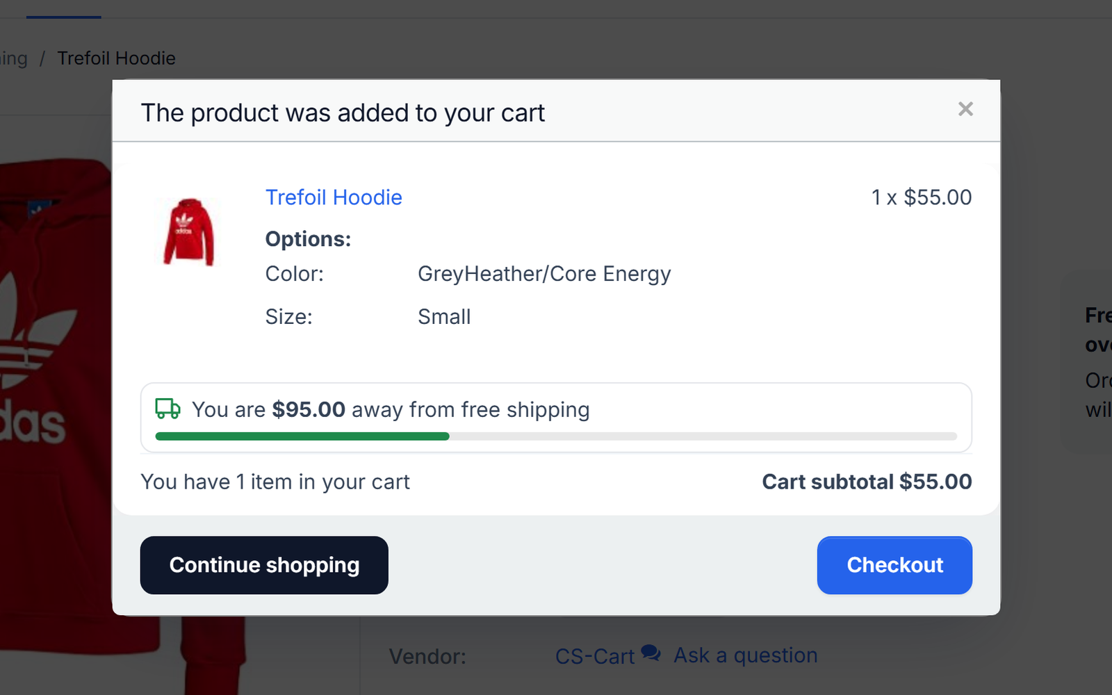 "The product was added to your cart" popup: "You are $95.00 away from free shipping" with the progress bar under the added product.