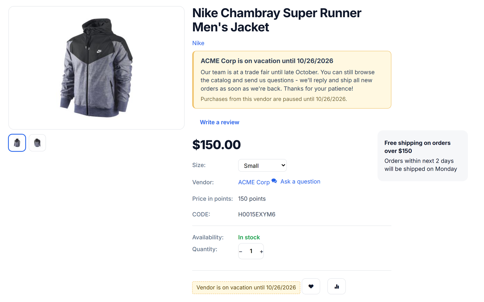 Product page: "ACME Corp is on vacation until 10/26/2026" banner with the vendor's message under the title; Add to cart replaced by "Vendor is on vacation until...".