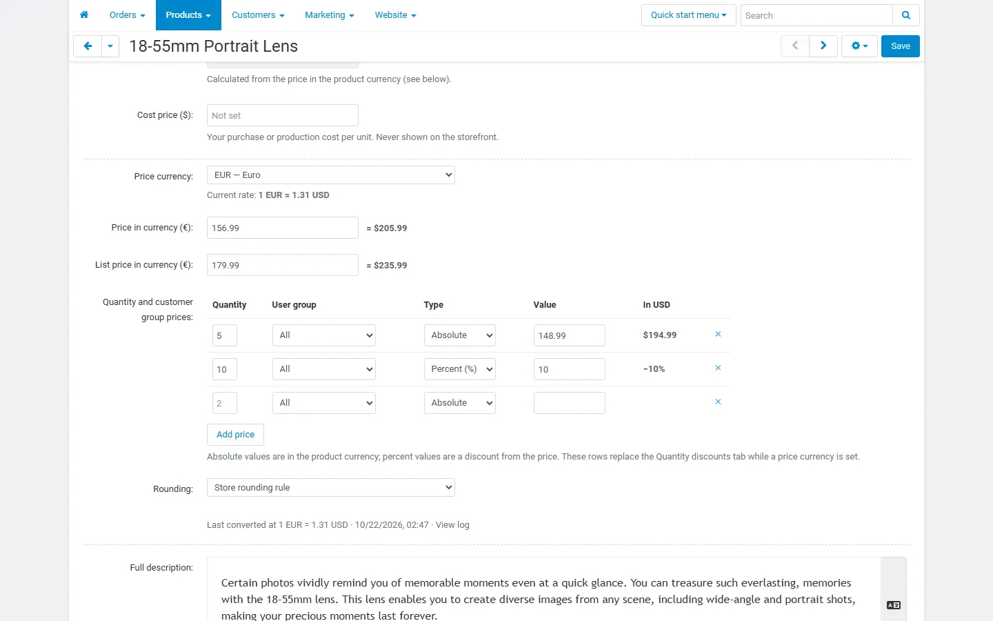 The price currency block on the product page: currency, price, list price and quantity prices in EUR with the converted USD values