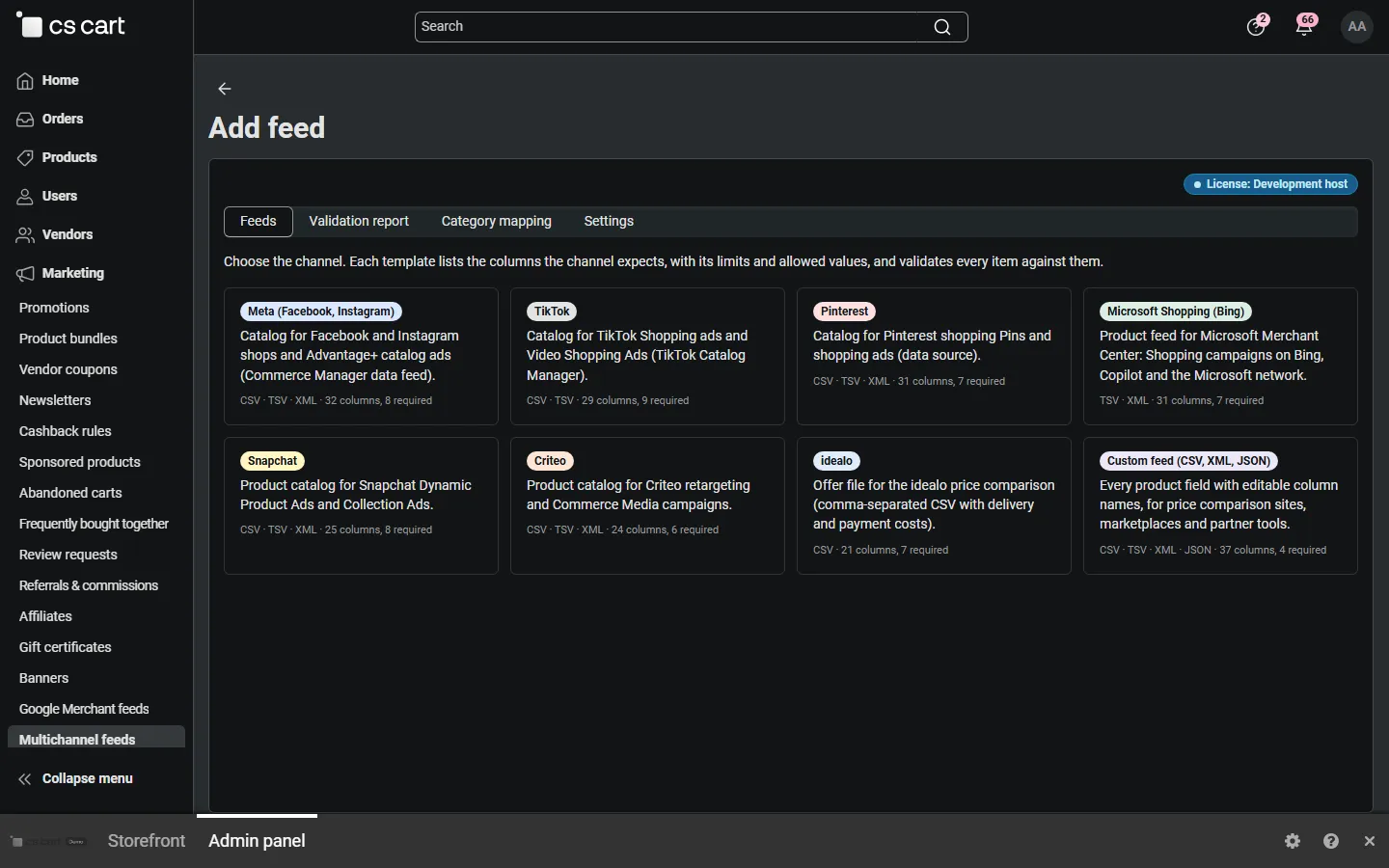 Add feed: the eight channel templates with formats and column counts.