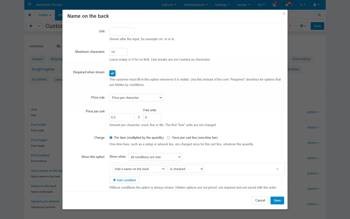 The option editor with Advanced pricing & rules