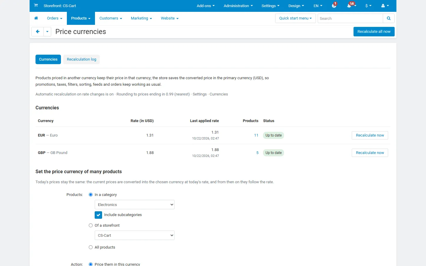 Price currencies page: intro, automatic recalculation and rounding summary, currencies table with Recalculate now.