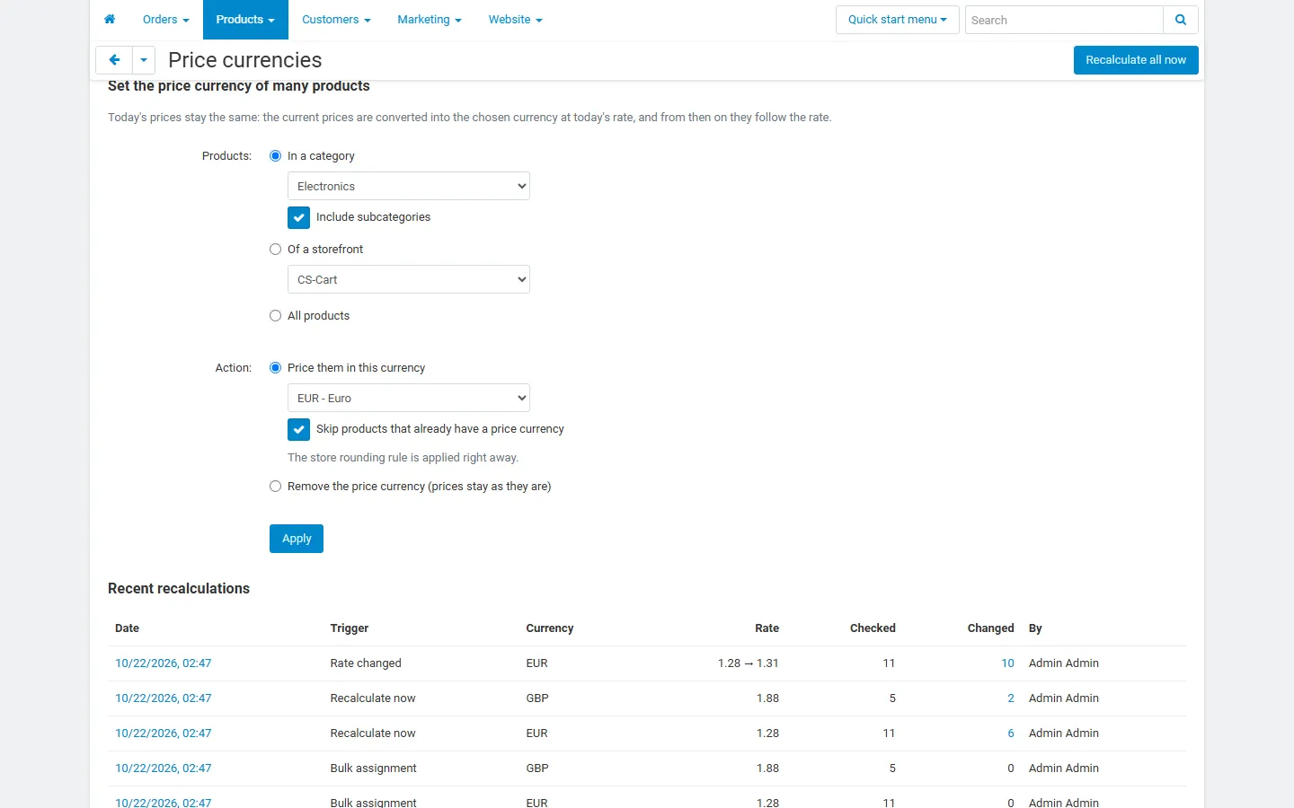 Bulk form: products of a category / storefront / all, price them in a currency or remove it; recent runs below.
