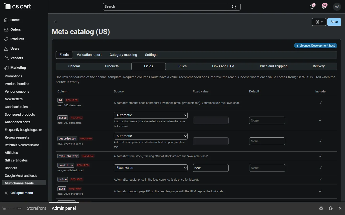 Fields: every column of the Meta template, required/recommended/optional, limits, sources and defaults.