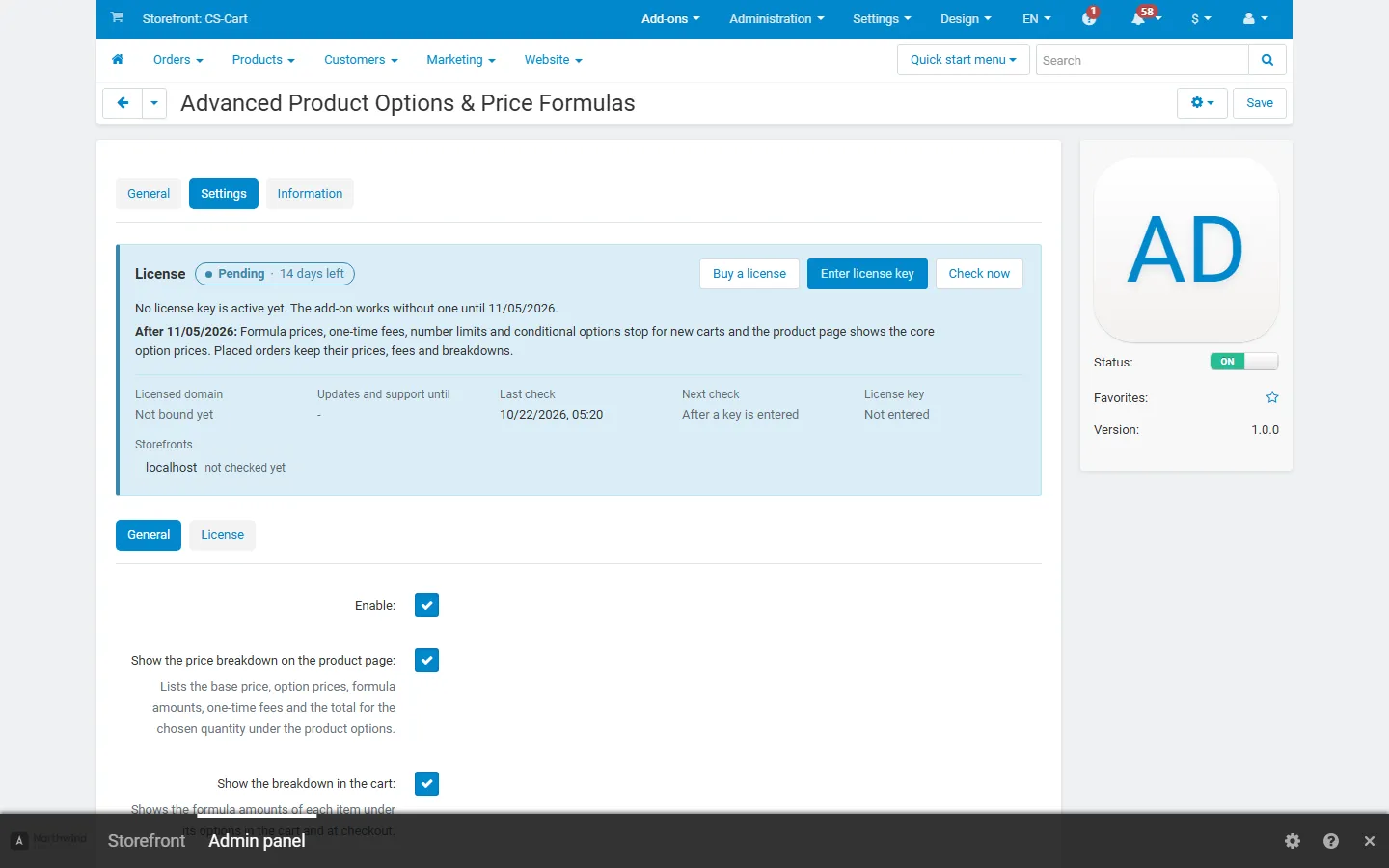 Settings of the add-on