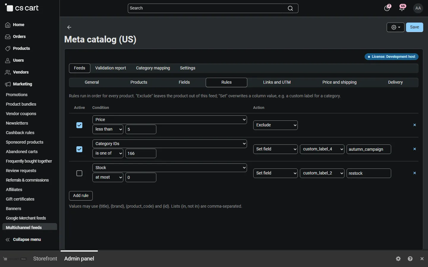 Rules: exclude cheap products, set a custom label for a category.