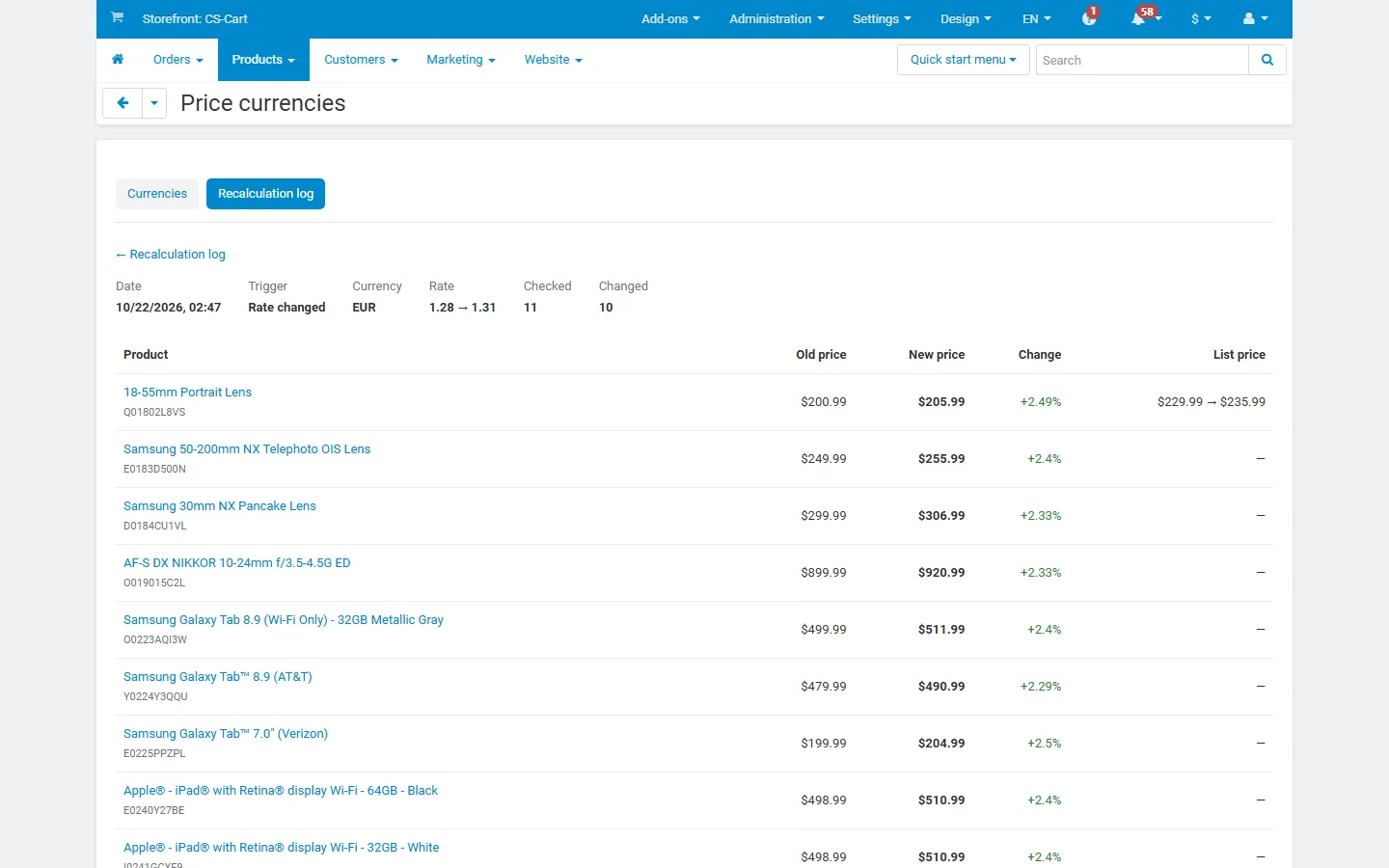 A rate change run: every product with old price, new price, change in percent and list price.