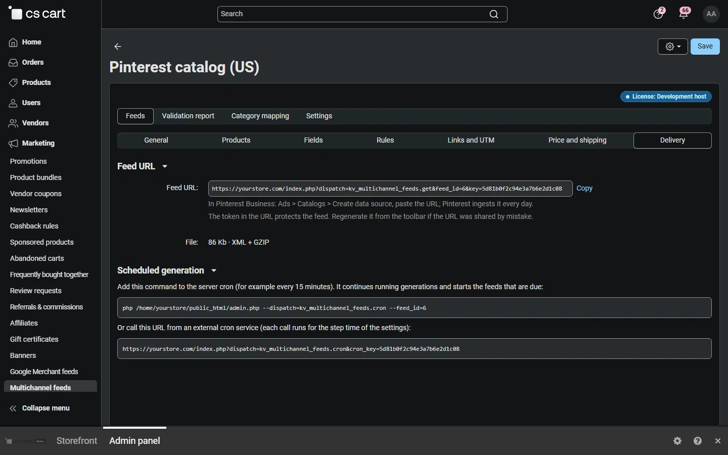 Delivery: feed URL with token, file size, cron command and cron URL.