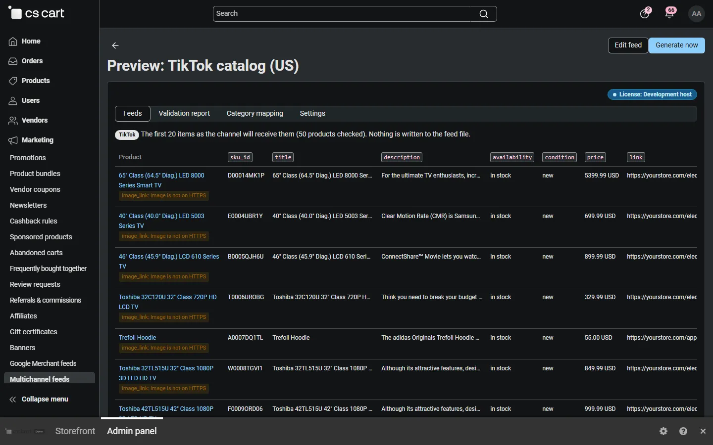 Preview of the TikTok feed: first items with every column and their issues, file excerpt.