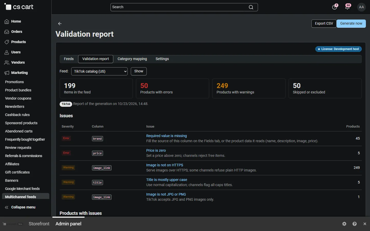 Validation report: items, errors, warnings, issues with fixes, products with issues.
