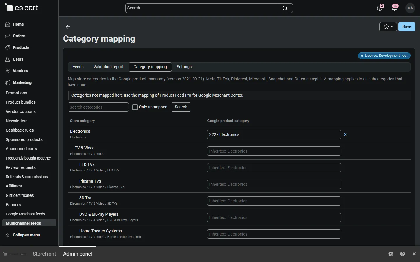 Category mapping to the Google taxonomy with inherited mappings.