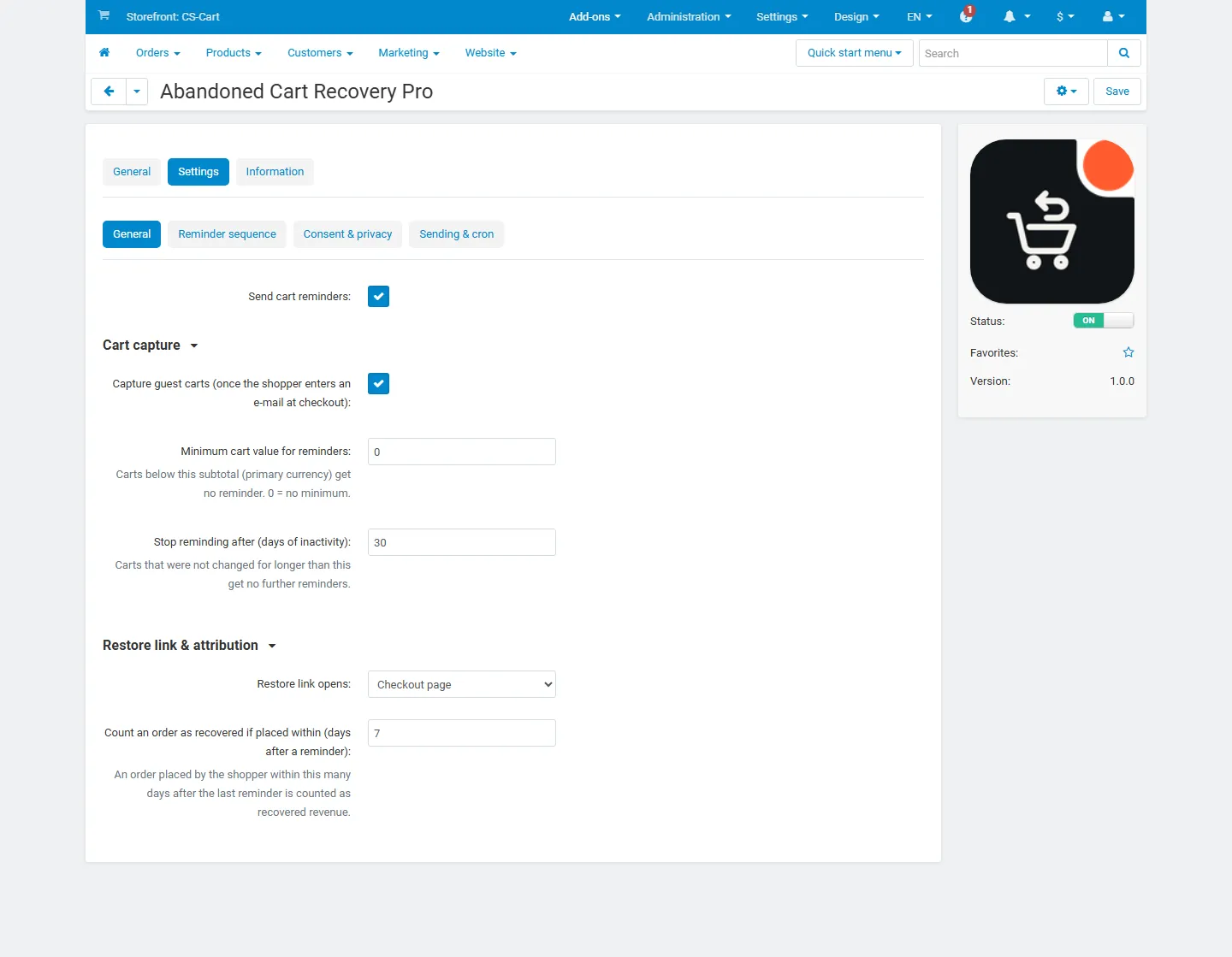 Settings, General: master switch, guest capture, minimum cart value, maximum cart age, restore target and attribution window.