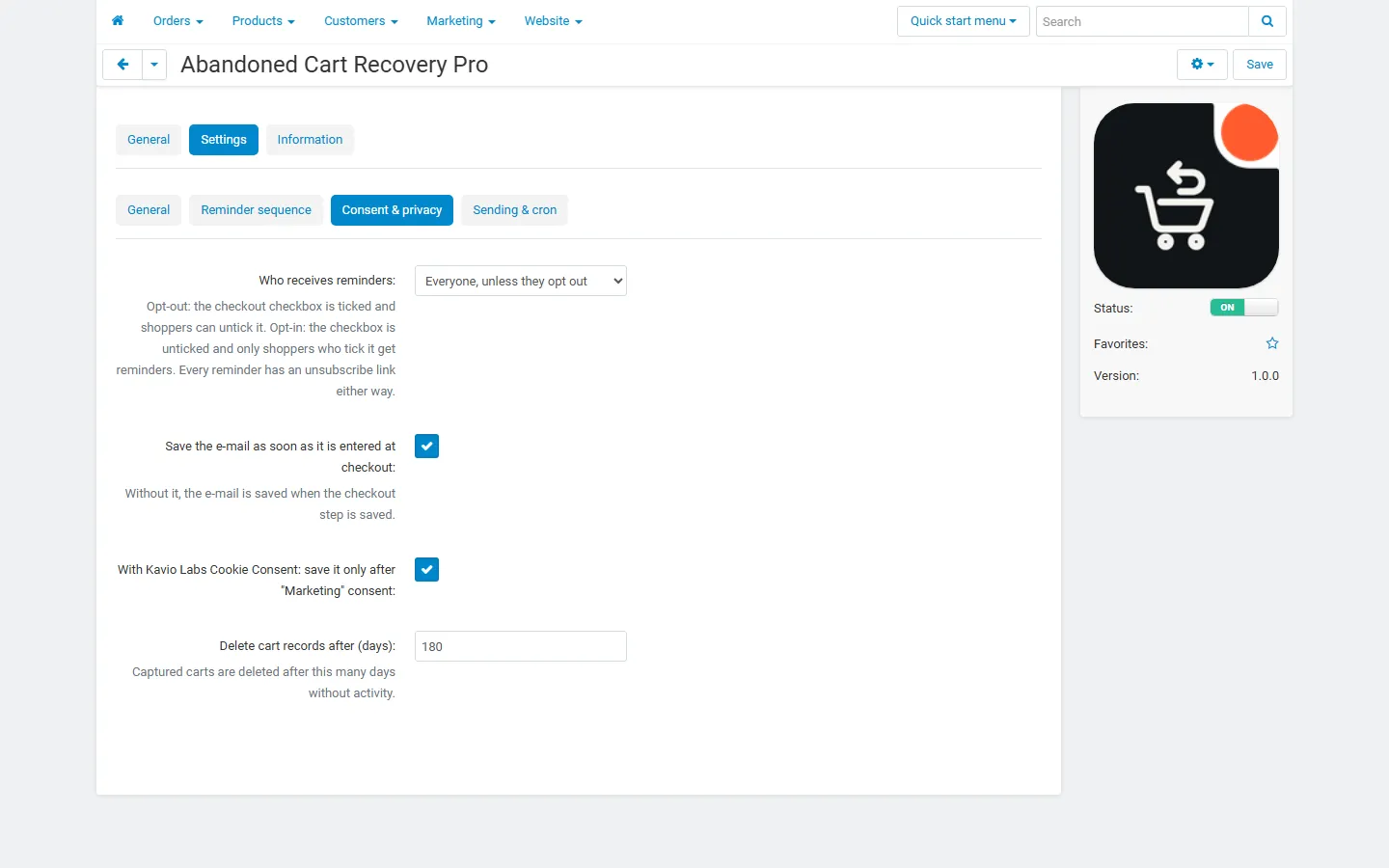 Settings, Consent & privacy: opt-out/opt-in mode, e-mail capture, Kavio Labs Cookie Consent bridge and retention.