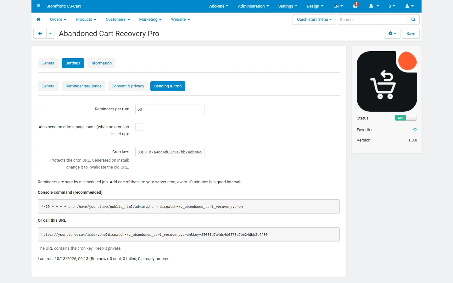 Settings, Sending & cron: batch size, admin fallback, cron key, the console command and cron URL, last run.