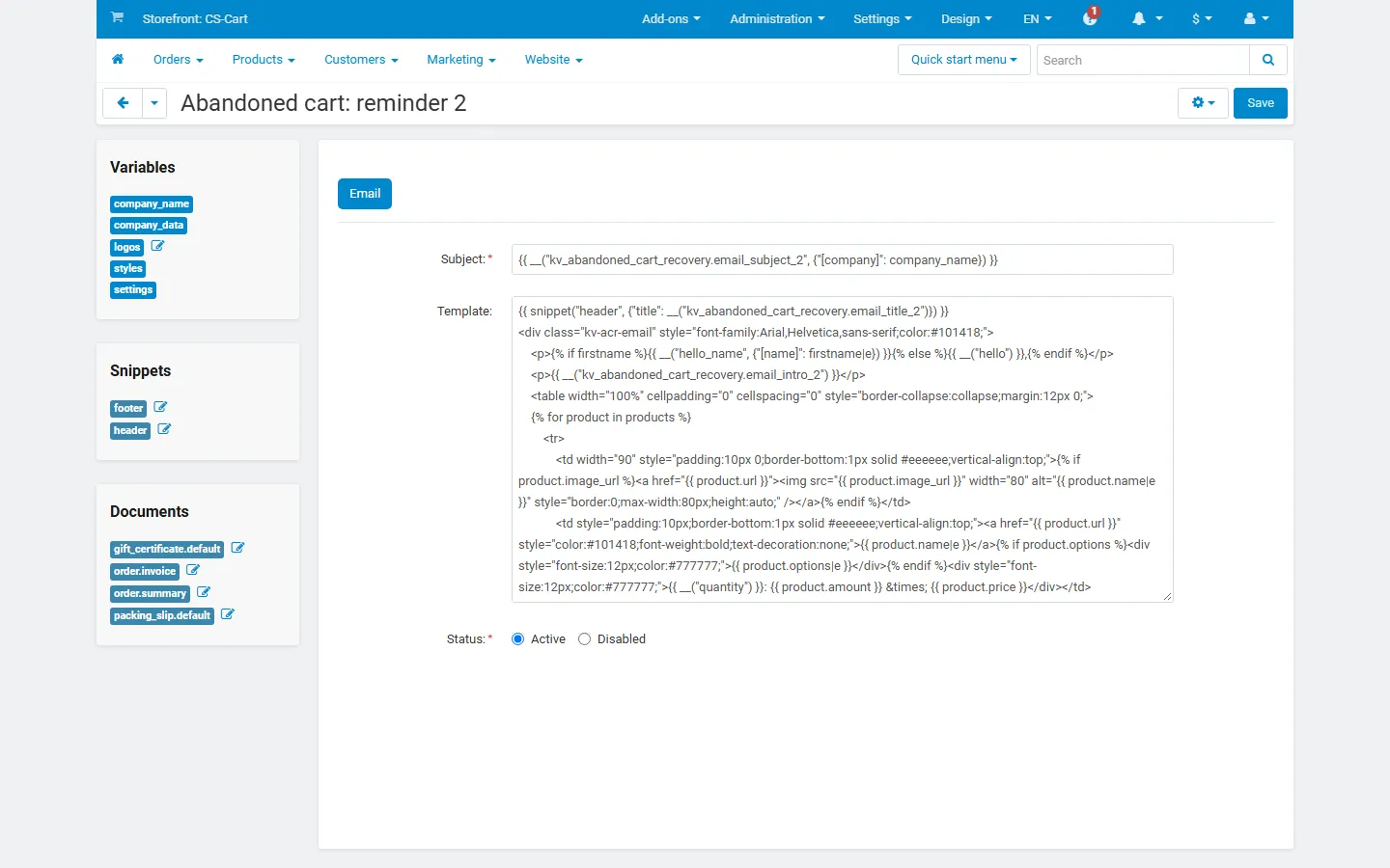 Design, E-mail templates: “Abandoned cart: reminder 2” in the core Twig editor.