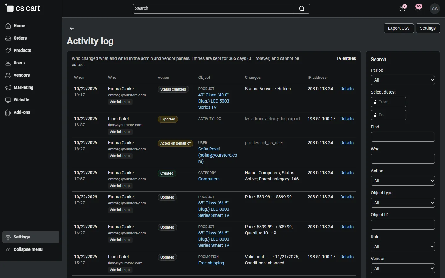 Activity log: who changed what and when