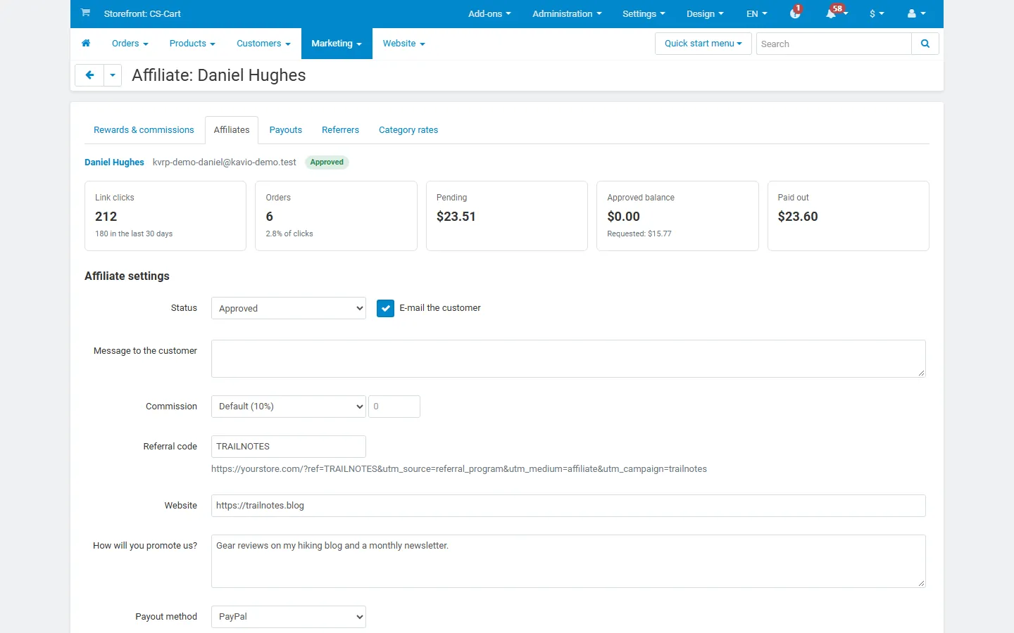 Affiliate page in the admin panel