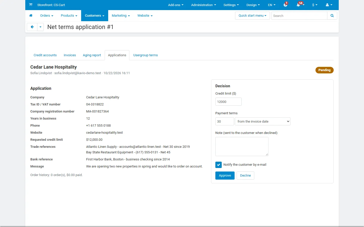 An application in the admin panel with the decision form
