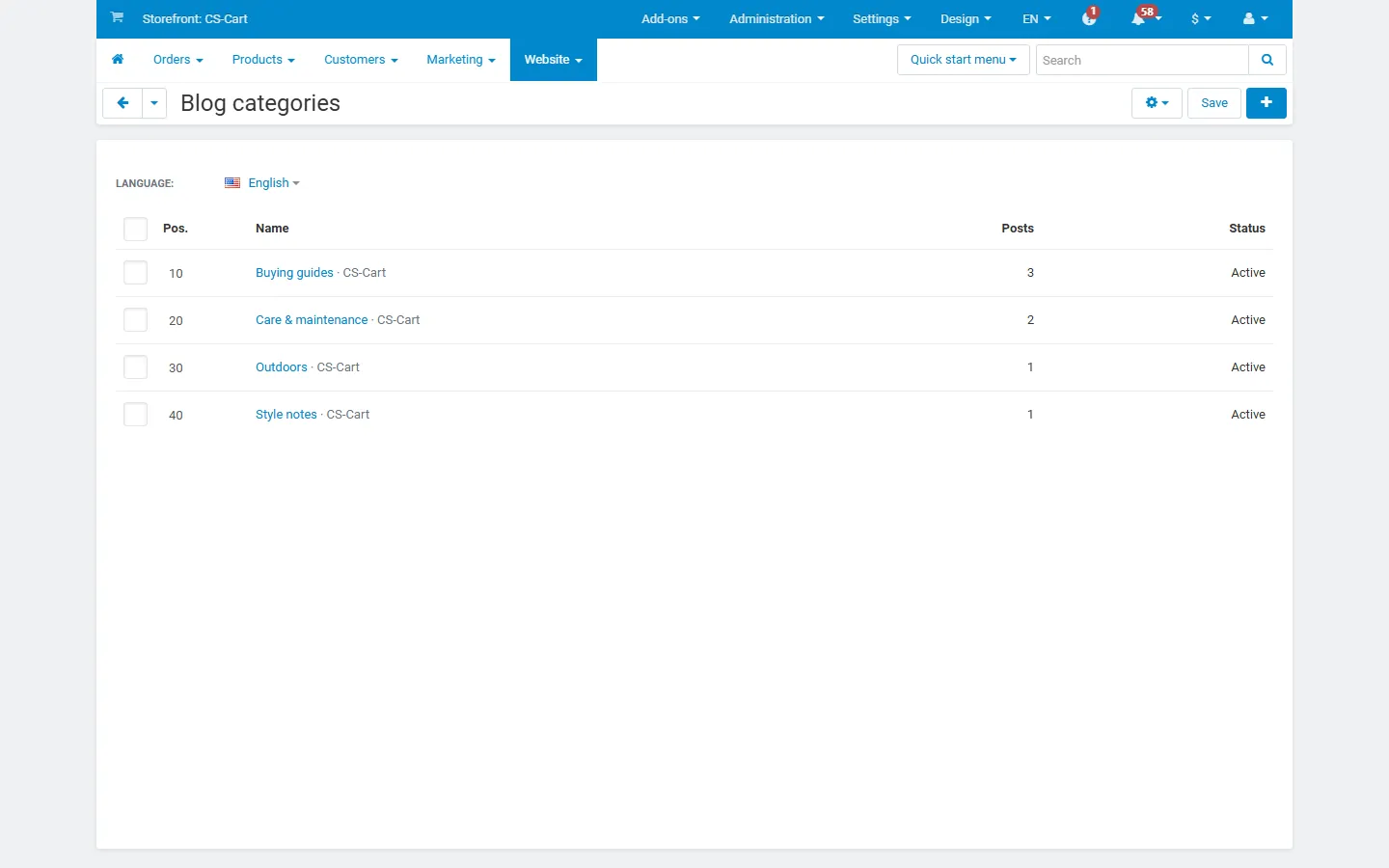 Website → Blog categories with post counts and positions.
