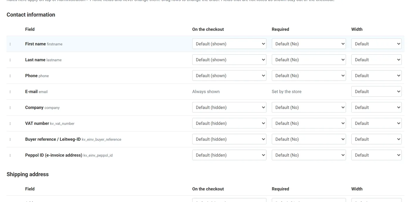 Fields tab with Show, Required and Width per field