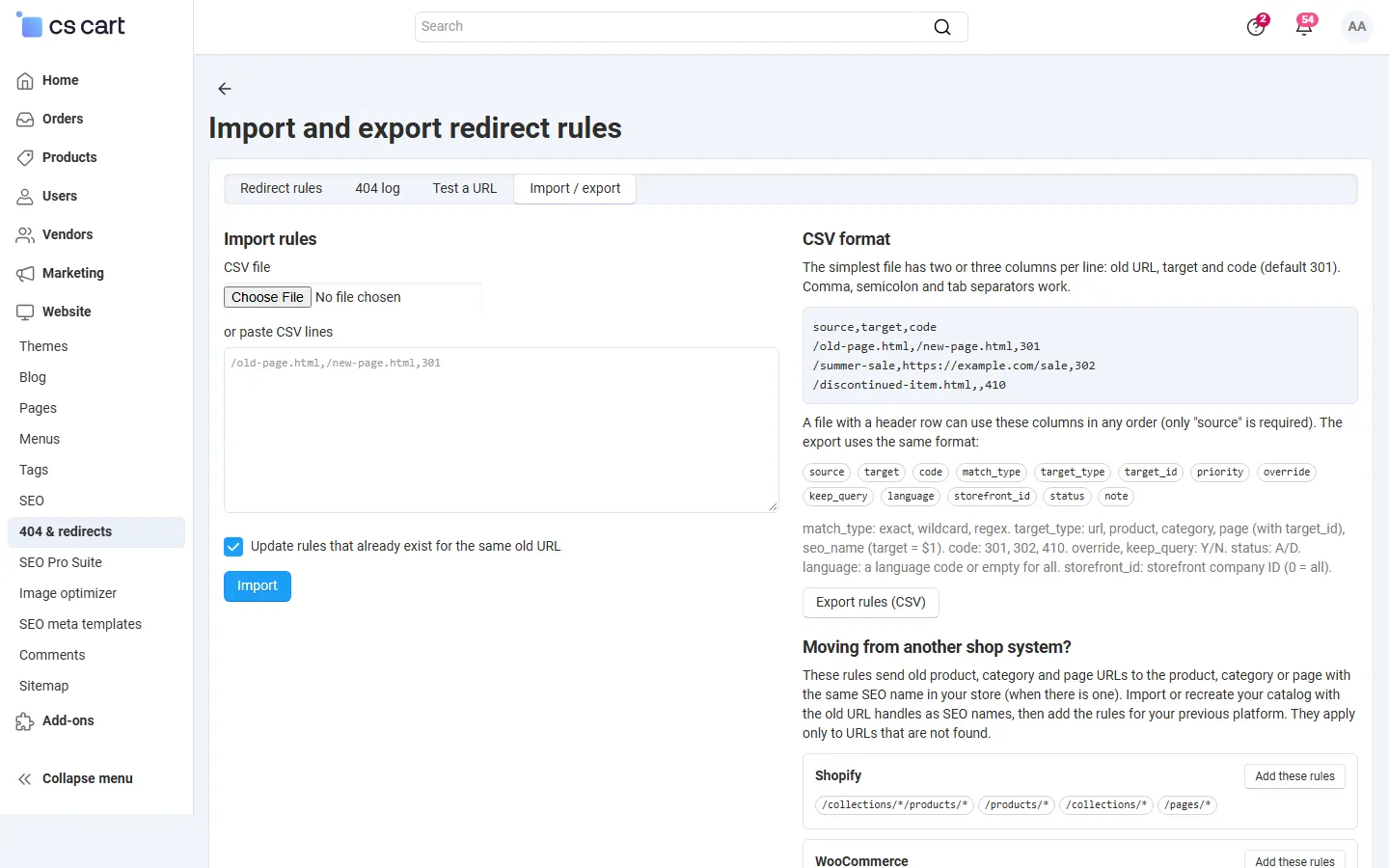 Import and export of redirect rules