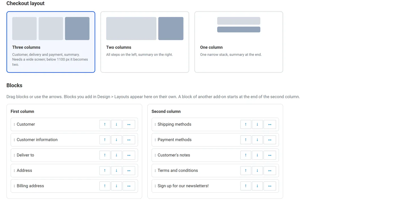 Layout tab: three layouts and the block board