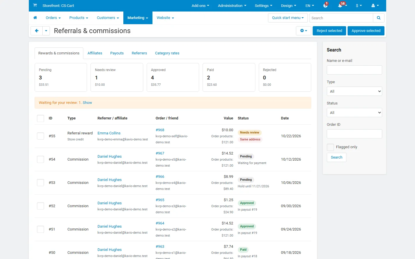 Ledger of rewards and commissions