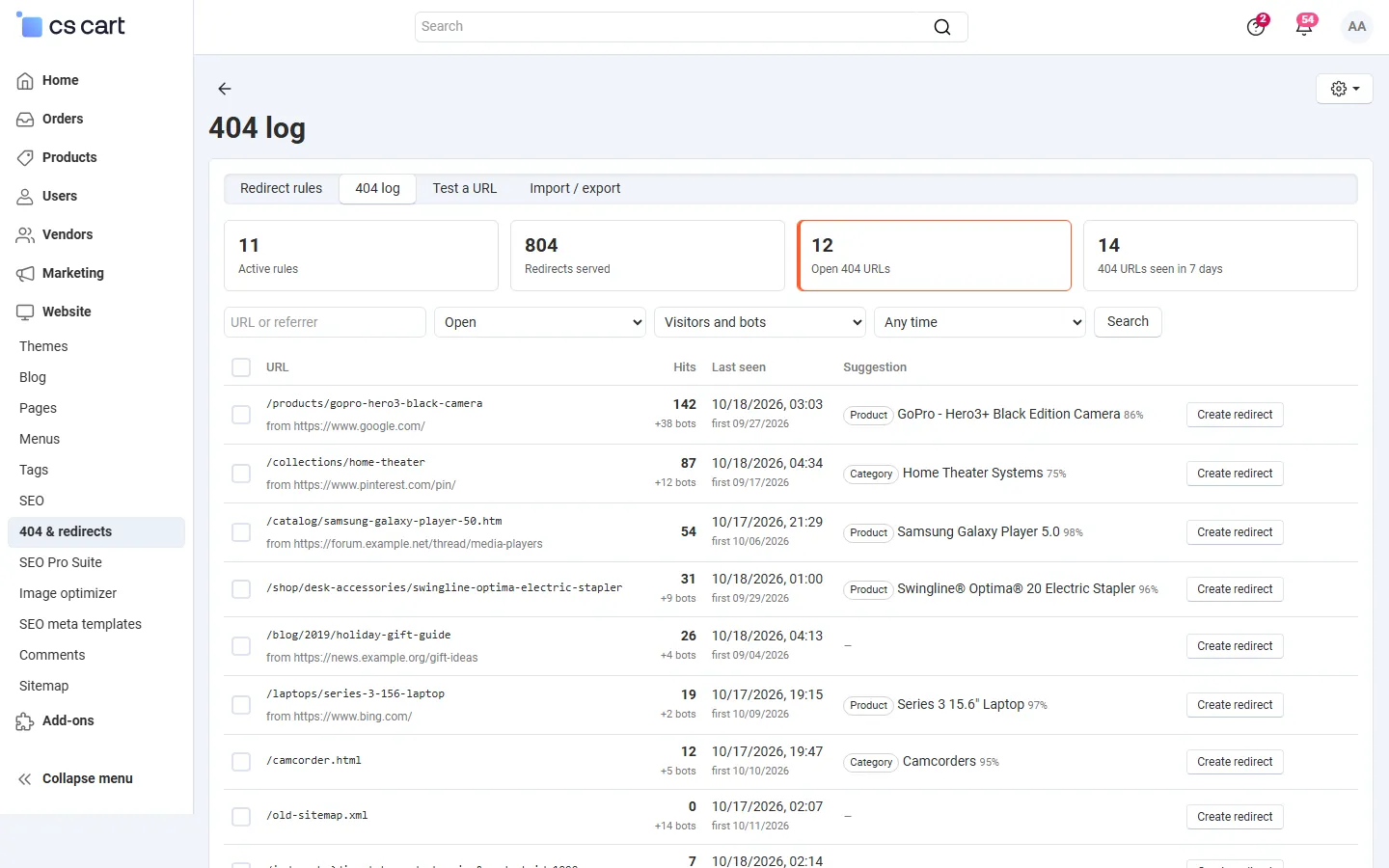 404 log with hits, suggestions and one-click redirects