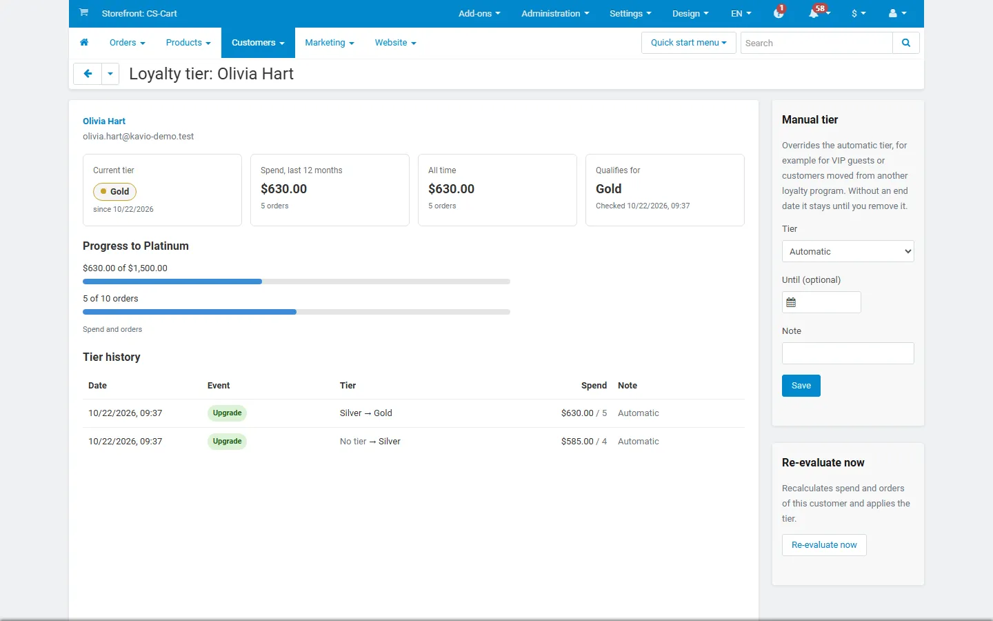Member page: tier, spend, progress, history and the manual tier form
