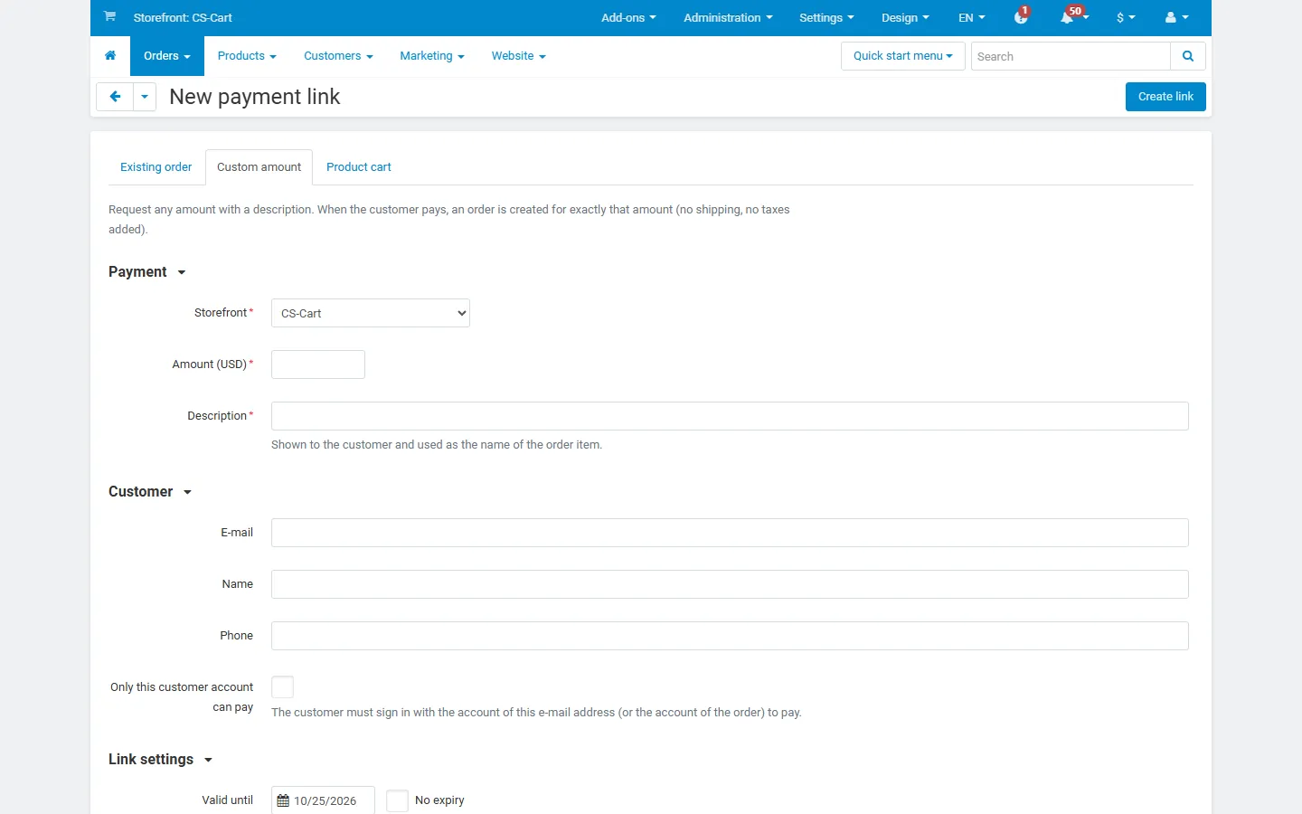 New payment link: custom amount