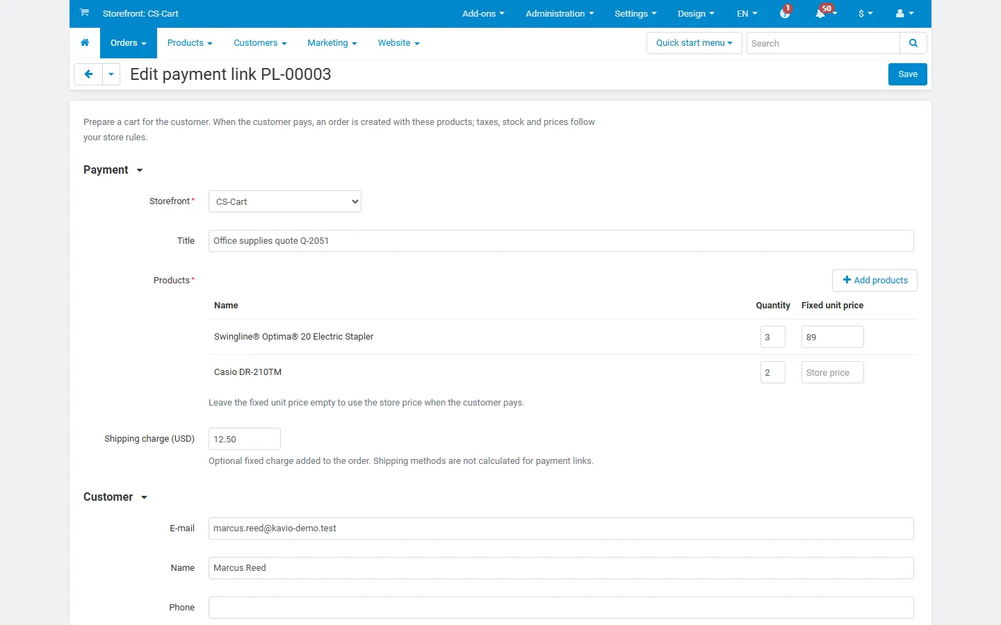 New payment link: product cart with fixed unit prices