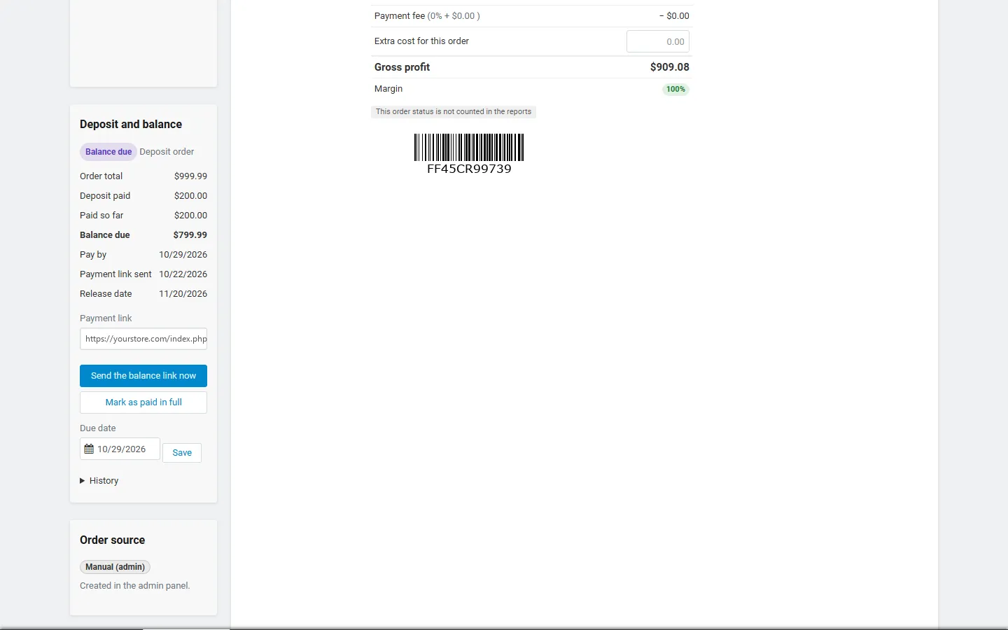 The deposit and balance panel of an order