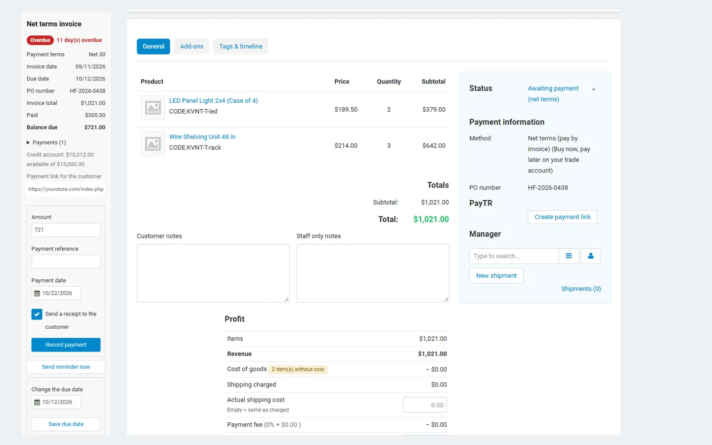 The invoice panel on the order page