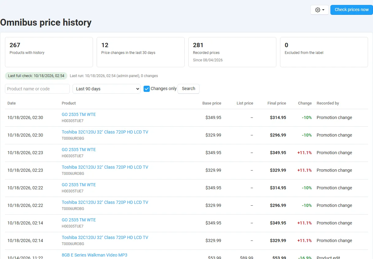Omnibus price history page