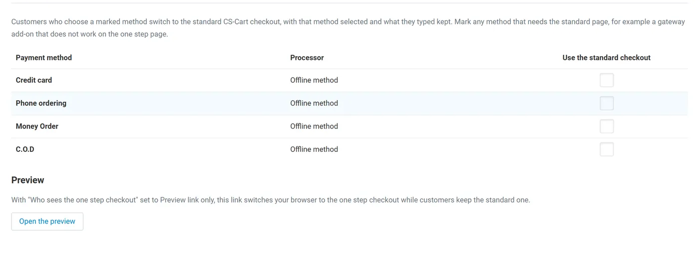 Payments tab with the standard checkout column