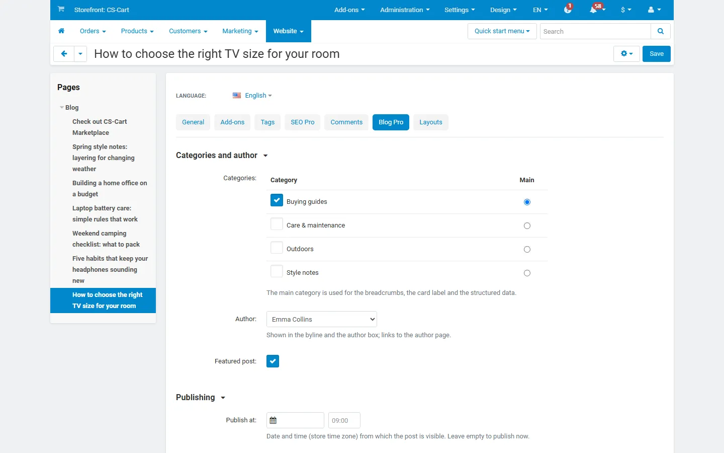 Post editor, Blog Pro tab: categories with the main one, author, featured, publish date and time.