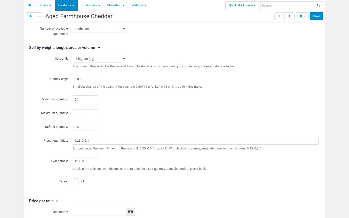 Product settings