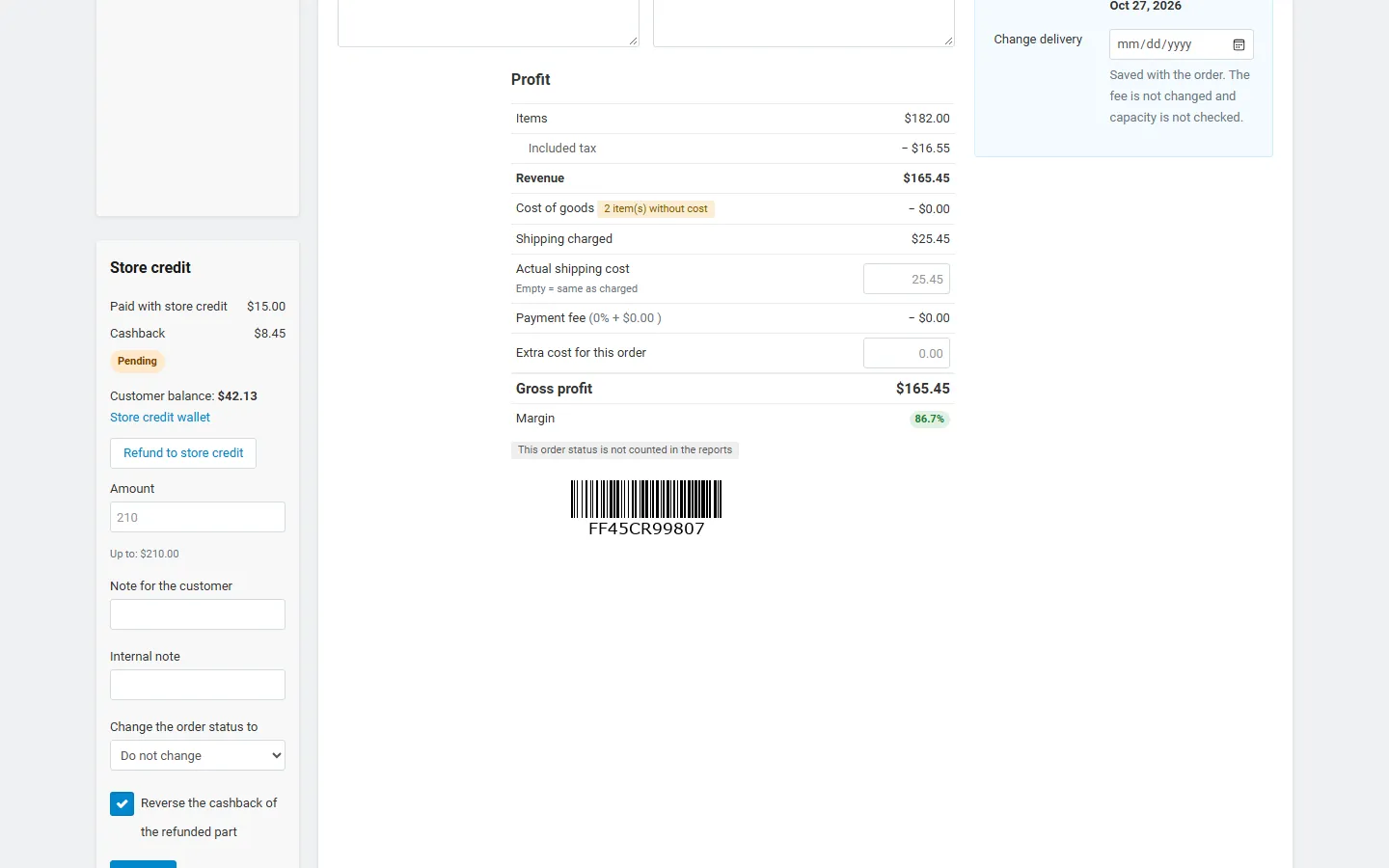 Store credit panel with the refund form on the admin order page