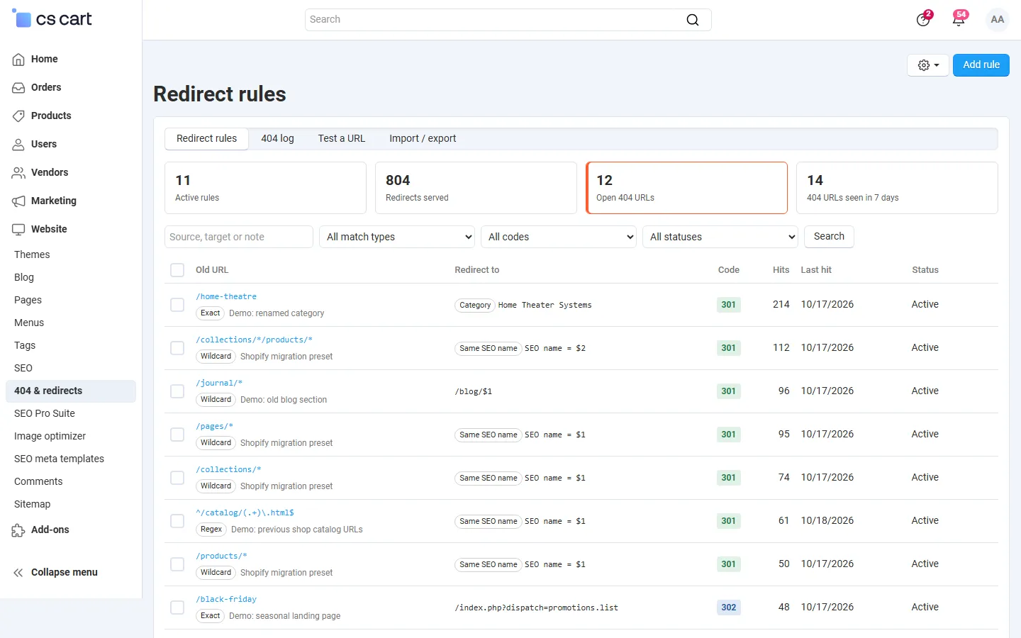 Redirect rules with match type, target, code, hit counter and status