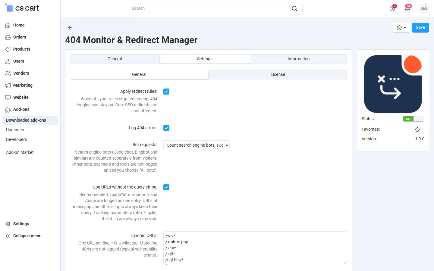 Settings, General tab