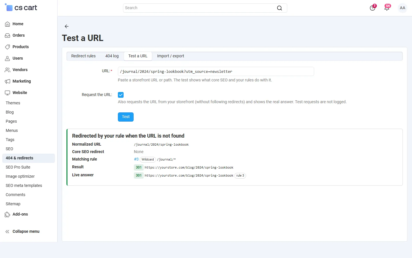 Test a URL: core SEO redirect, matching rule, result and the live answer of the storefront