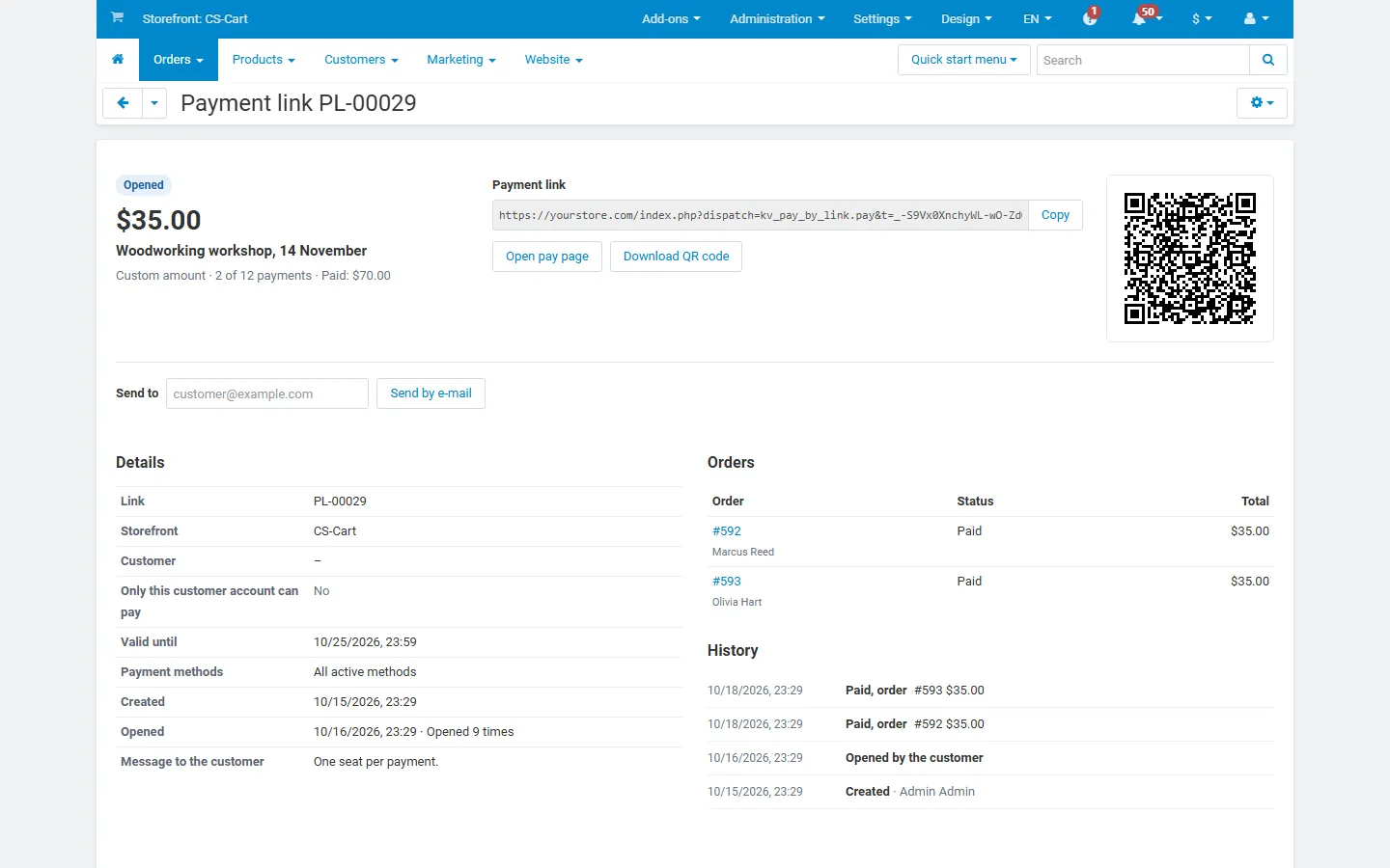 Payment link page: URL, QR code, send by e-mail, details, orders and history