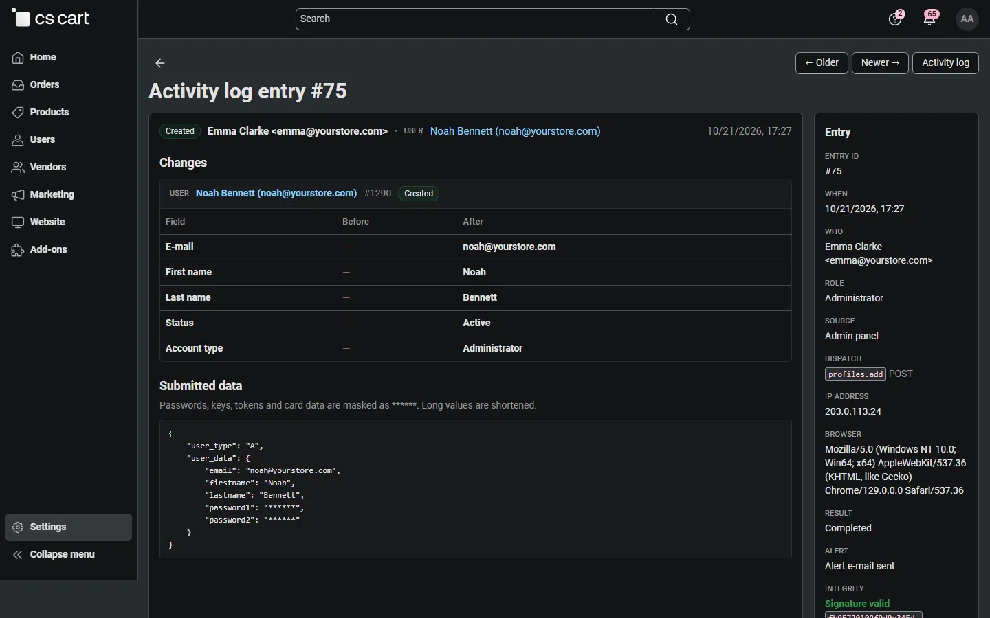 New administrator account: initial values, passwords masked in the submitted data.