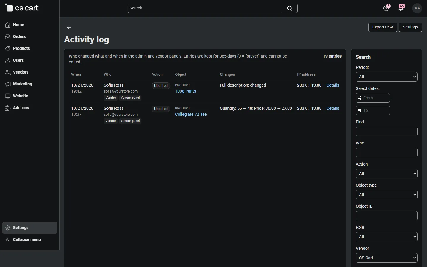 Log filtered to one vendor’s staff.