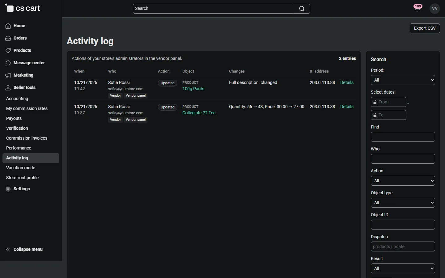 Vendor panel: the vendor sees only its own staff’s actions.