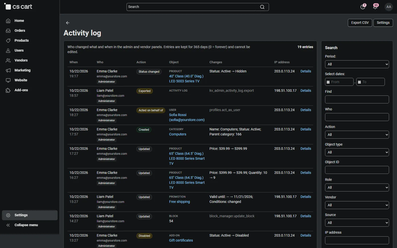 Activity log: who changed what and when, with filters.