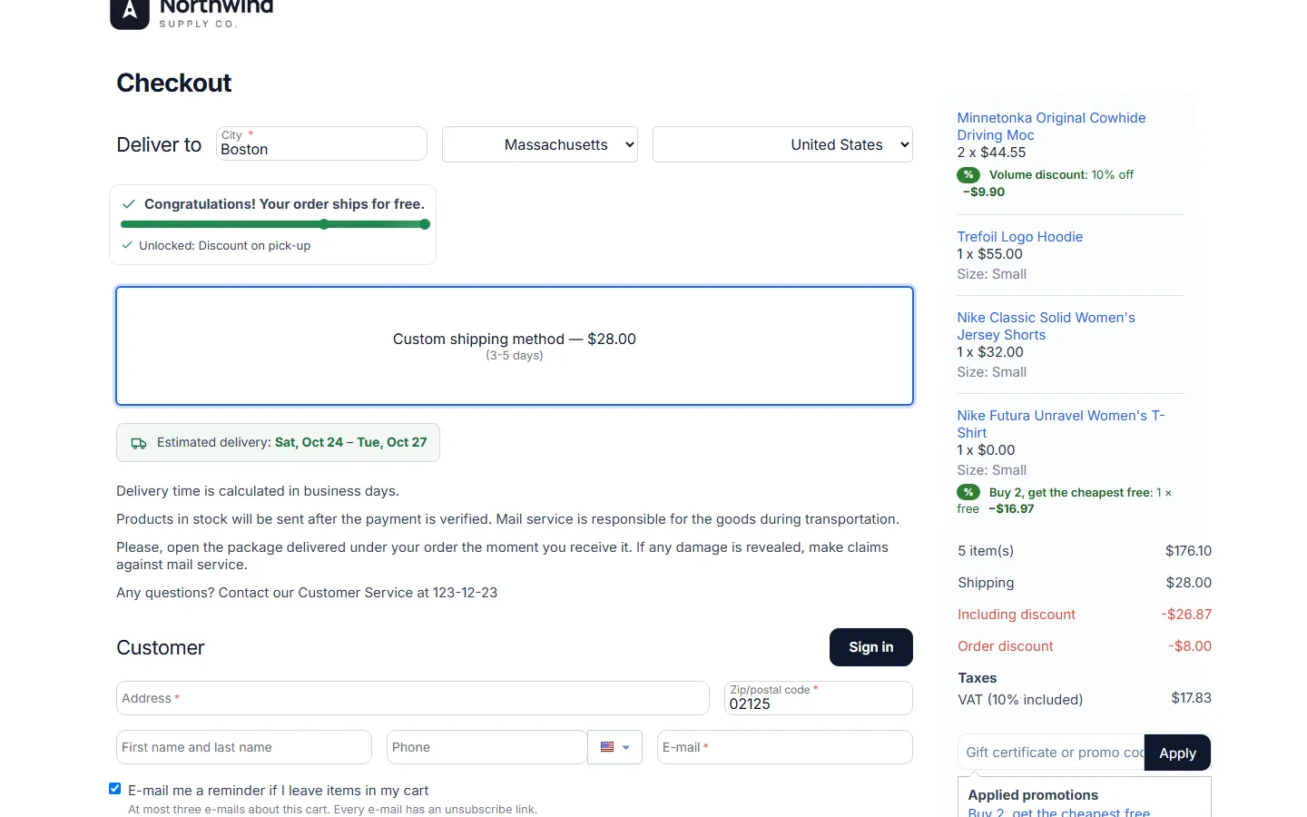 Checkout: the order summary shows the notes per line.