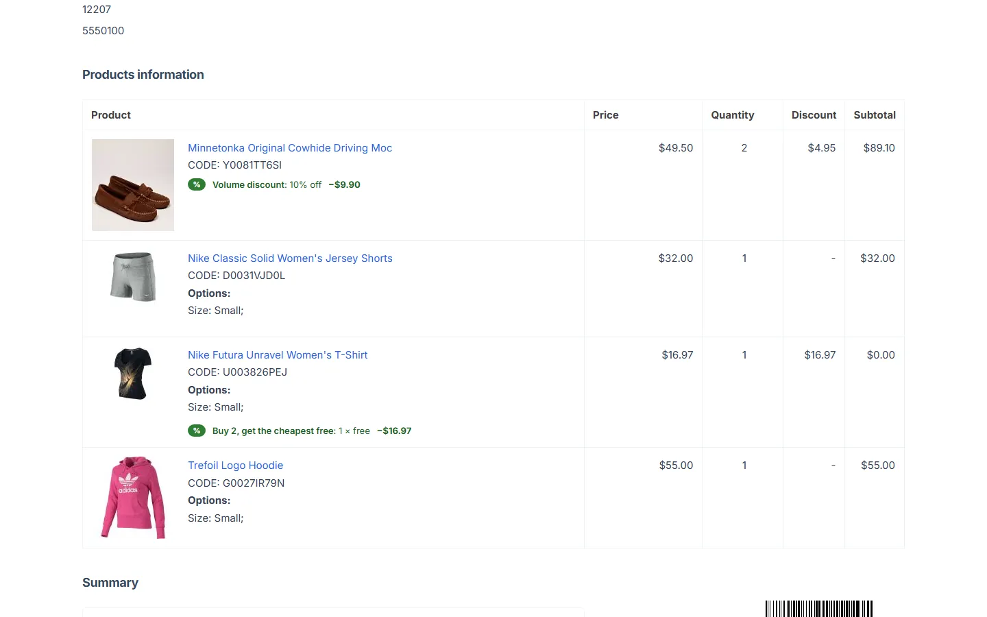 Customer order details with the notes.