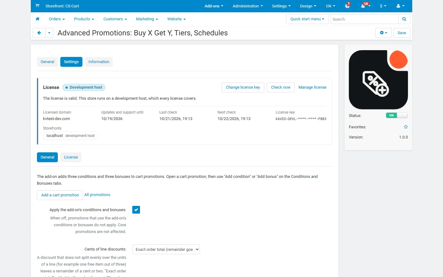 Add-on page with the License card (General tab).