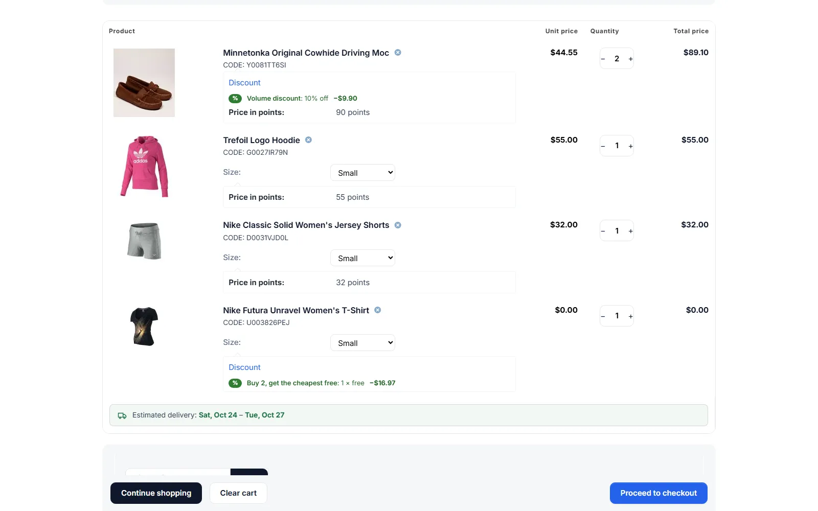 Cart with the discount notes: the cheapest clothing item is free, the shoes get the volume discount.